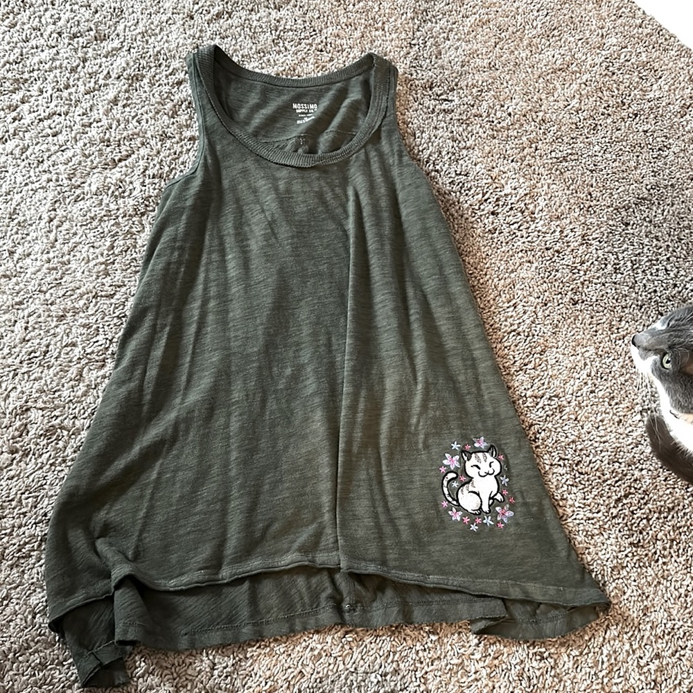 Custom embroidered ASIAN CAT in the meadow shark bite tank tunic top green XS